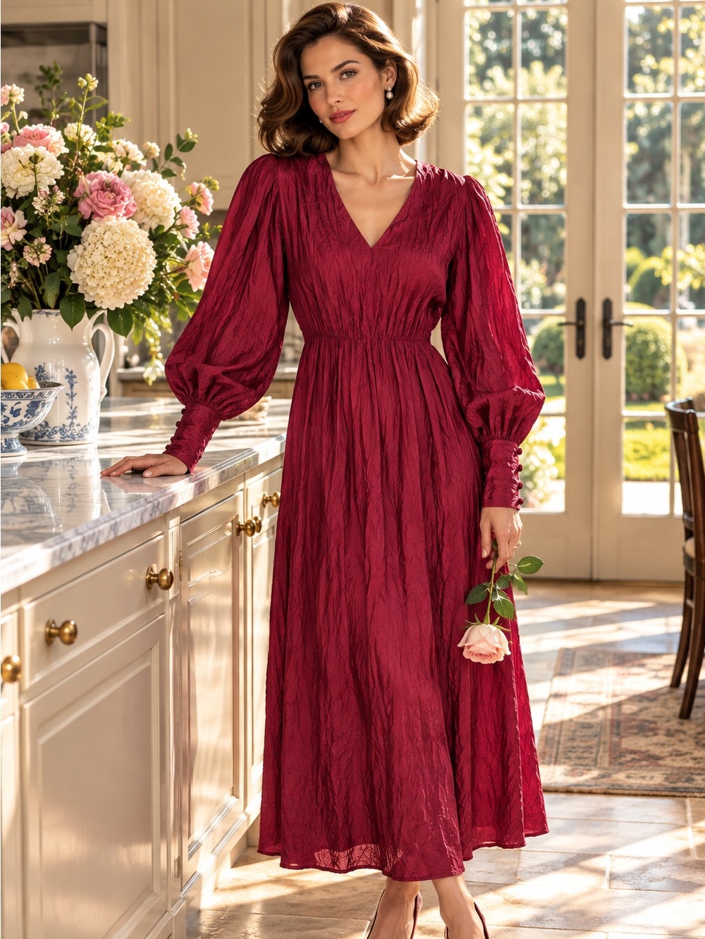 SEA NEW YORK Raspberry Linen Blend Crinkle Balloon Sleeve Trad Wife Midi Dress 4